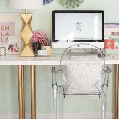White & gold desk with lucite chair | TheMombot.com