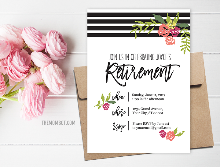 Retirement party invitation, female retirement party invitation, retirement party ideas, classy retirement party, black white florals