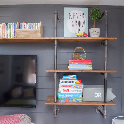 Fixer Upper Style: Industrial pipe shelving and shiplap