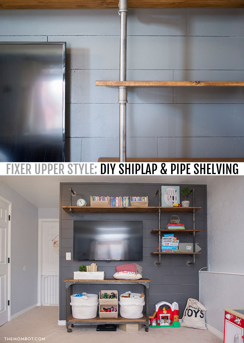 Industrial pipe shelving unit, fixer upper style, fixer upper, joanna gaines, pipe shelving, shiplap, diy shiplap, easy shiplap, how to shiplap, dark gray shiplap, pipe shelving unit DIY