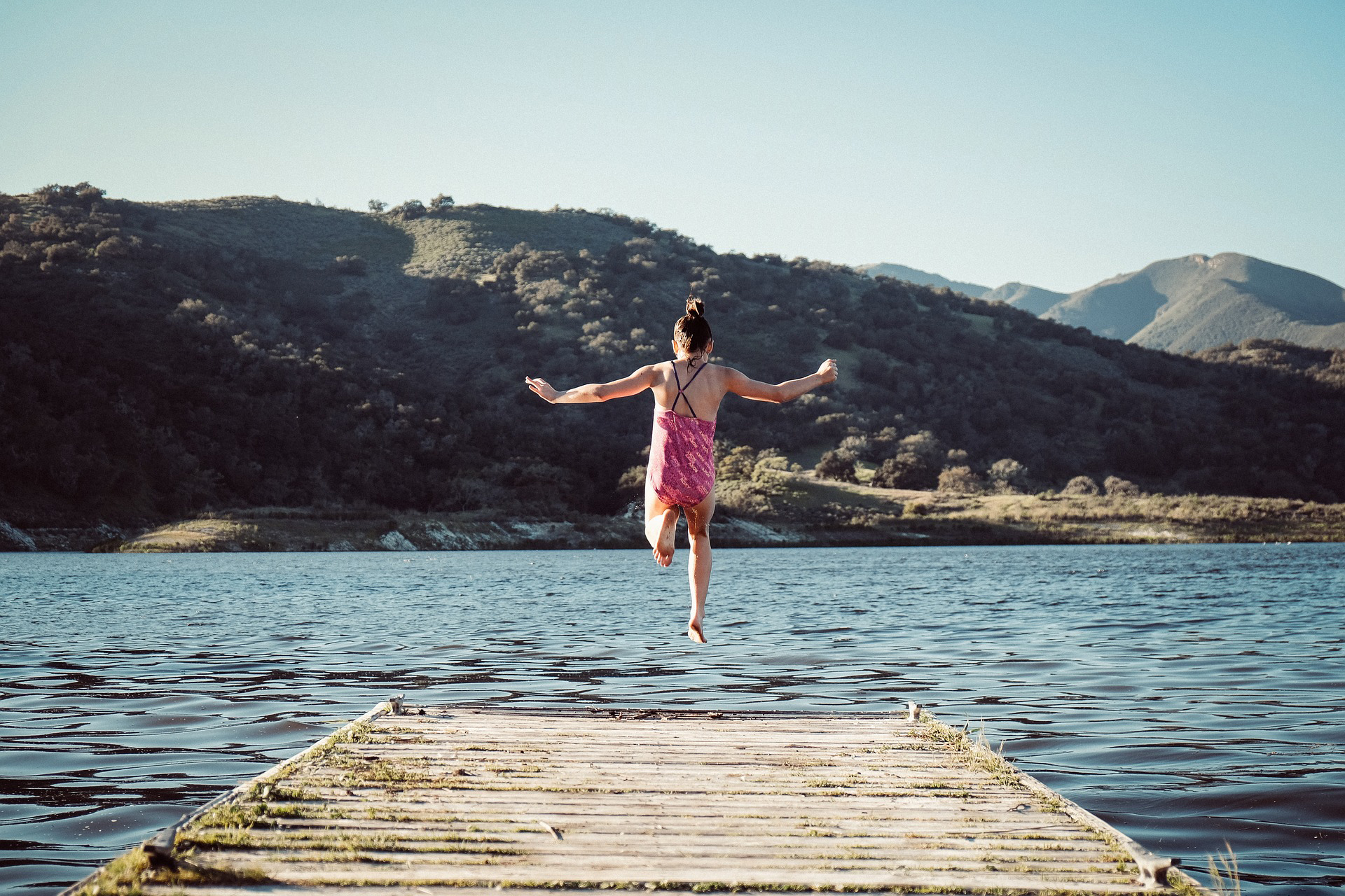 summer, lake, girl jumping in lake, summer kids