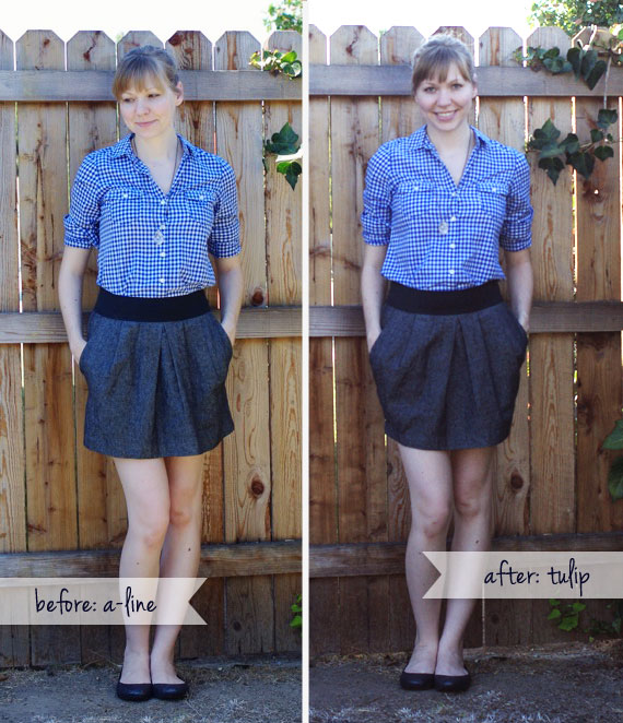 Skirt refashion: A-line to tulip silhouette | TheMombot.com